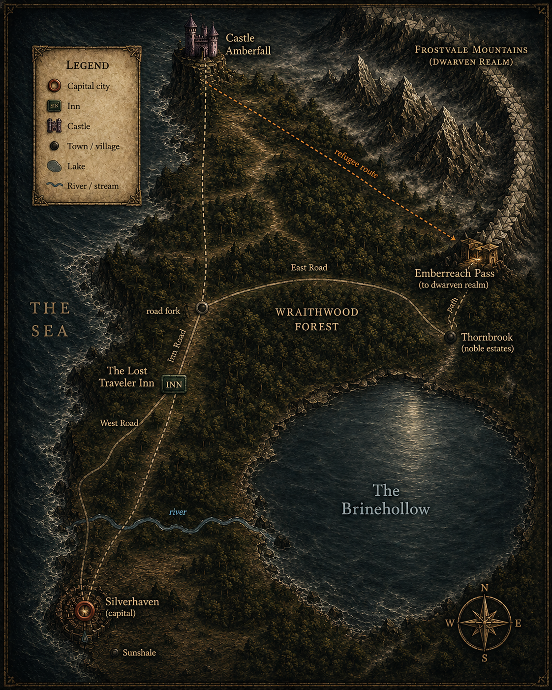 Illustrated map of Korvathar showing Silverhaven, Wraithwood Forest, the Brinehollow, and the Frosthome Mountains