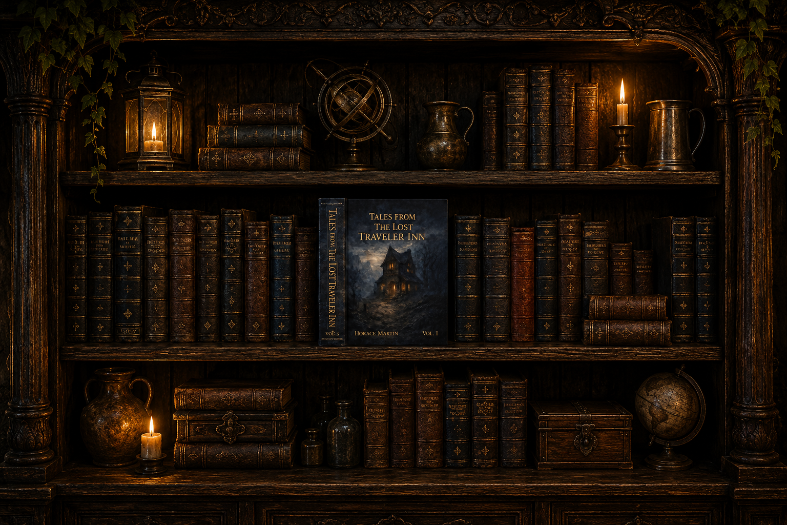 An ornate dark-oak bookshelf inside the Lost Traveler Inn, with Volume I displayed prominently among the other books