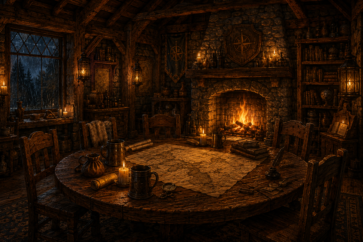 The warm common room of the Lost Traveler Inn, with a stone fireplace, maps, books, candles, and wooden tables